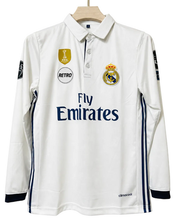 Real Madrid 2016/17 Home -Ronaldo 7-Signature-Embroidery-Collar Button Full Sleeve-AM Retro Store