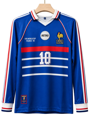 France 1998 Home-ZIDANE 10-Signature-Embroidery-Collar full Sleeve-AM Retro Store