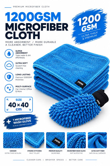 PPR 1200 GSM Premium Microfiber Car Cleaning Cloth 40×40 cm + Wash Glove