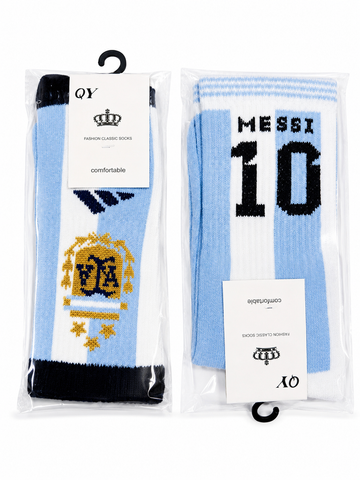Argentina Messi 10 Football Crew Socks – Premium Knitted Sports Socks | 37cm | Sky Blue & White-AM Retro Store