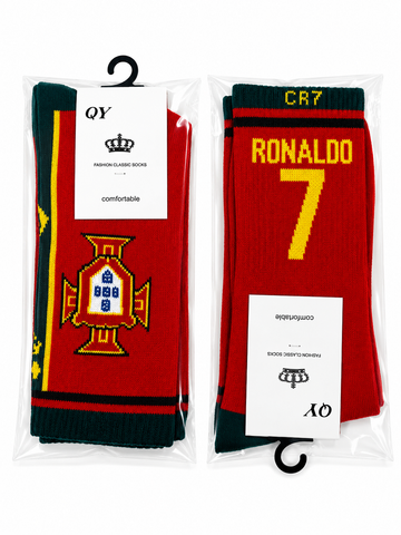 Portugal Ronaldo 7 Football Crew Socks – Premium Knitted Sports Socks | 37cm | Red-AM Retro Store