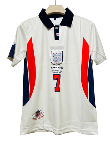 England 1998 World Cup Home Jersey-BECKHAM 7-Collar Half Sleeve-Signature-Embroidery-AM Retro Store