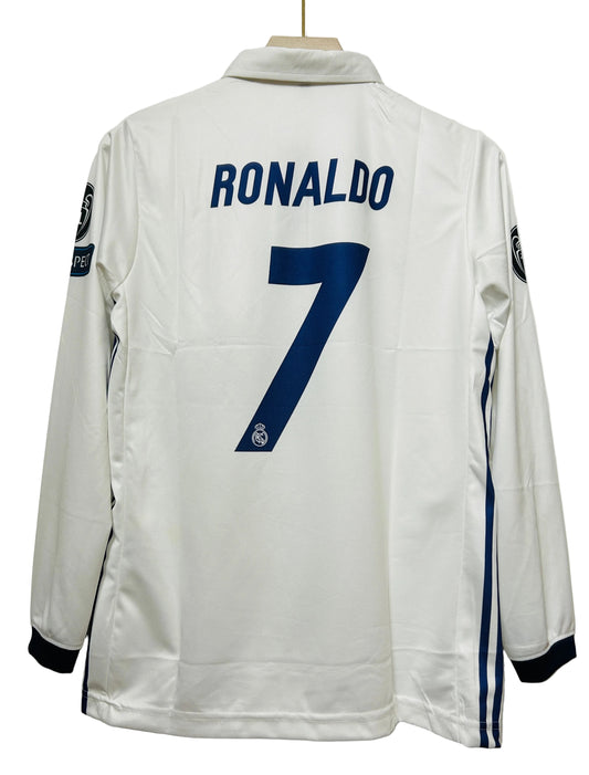 Real Madrid 2016/17 Home -Ronaldo 7-Signature-Embroidery-Collar Button Full Sleeve-AM Retro Store