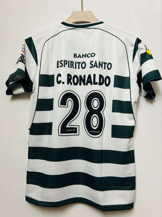 Sporting 2001/03 Home Retro-Ronaldo 28-Half Sleeve-Embroidery-AM Retro Store