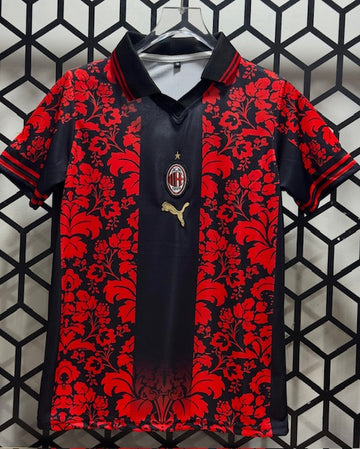 AC Milan Black Floral Special Kir Jersey- MALDINI 3-Embroidery-Collar Half Sleeve-AM retro Store