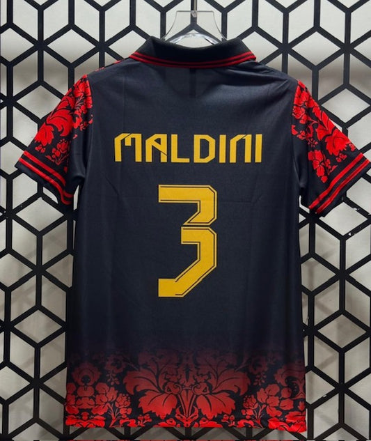 AC Milan Black Floral Special Kir Jersey- MALDINI 3-Embroidery-Collar Half Sleeve-AM retro Store