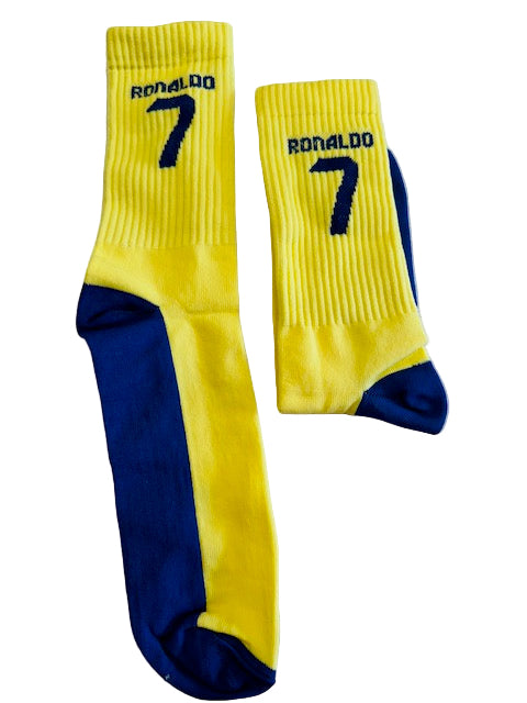 Ronaldo #7 Retro Football Socks – Yellow & Blue | Full Length (42 cm)