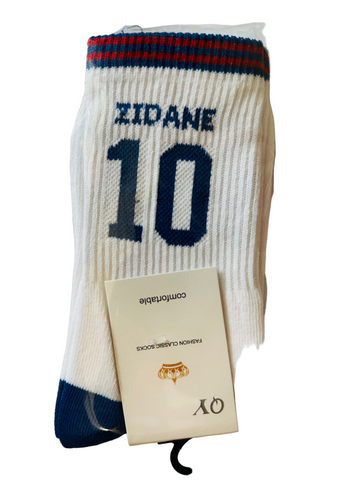 ZIDANE 10 Retro Football Socks – White & Blue | Crew Length 3/4  (30 cm)